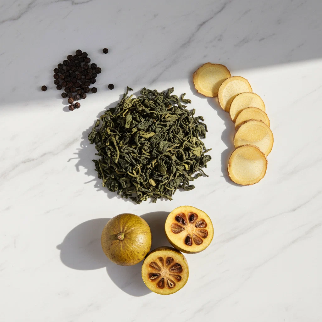 Botanische ingrediënten Ozalyn: groene thee, garcinia cambogia, gember, zwarte peper